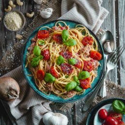Spaghetti mit Tomaten-Kokos-Sauce vegan